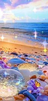 Scenic beach at sunset with gemstones and seashells.