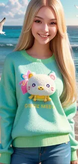 Girl with green sweater by the beach, blue sky, and seagulls.