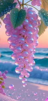 Dreamy purple grapes on a beach at sunset, glistening in fantasy setting.