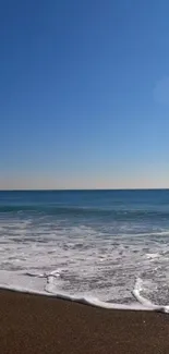 Serene beach with endless horizon under clear blue sky.