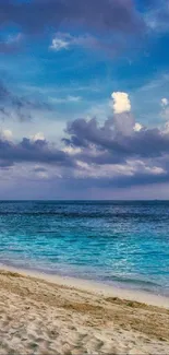 Tranquil beach and ocean with cloudy sky.