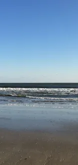 Tranquil beach scene with waves and a blue sky horizon.