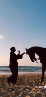 Silhouette of person with horse on beach at sunset.