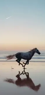 Horse galloping on tranquil beach at sunset with a pastel sky backdrop.