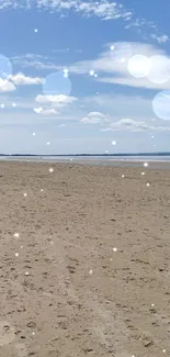 Serene beach with clear blue sky and vast sandy shore.