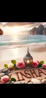 Serene beach scene with lantern and roses at sunset.