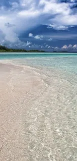 Serene sandy beach with turquoise waters and a dramatic sky.