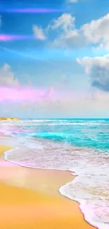 Serene beach scene with blue skies and golden sand.