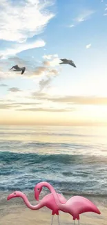 Serene beach view with pink flamingos and a bright sky.