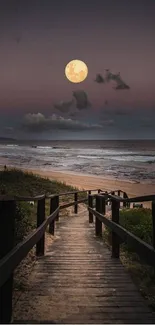 Beach pathway under a full moon at night with ocean waves.