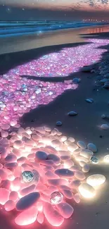 Glowing beach with luminescent pebbles at night.