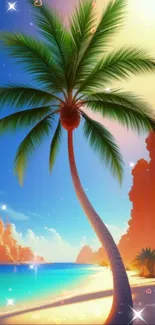 Sunset beach wallpaper with palm tree.