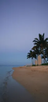 A serene beach with palm trees at sunset and a tranquil lavender sky.