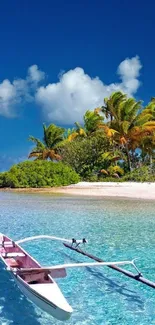 Tropical beach scene with canoe and palm trees