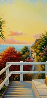 Serene beach path at sunset with vibrant foliage.