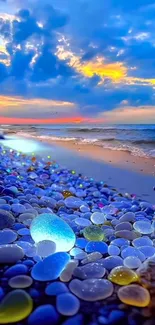 Tranquil sunset beach with glowing pebbles and vibrant sky.