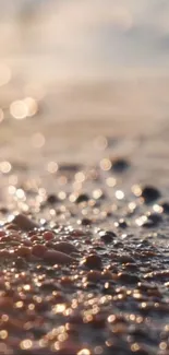 Peaceful beach scene with sunlit pebbles in soft focus.