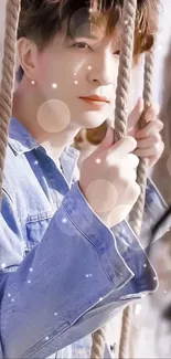 Person in a denim shirt at the beach with a serene expression.