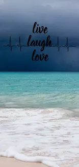 Beach scene with 'Live Laugh Love' text over turquoise sea.