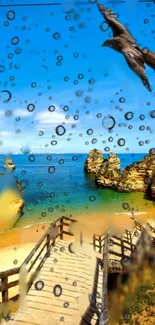 Raindrops and a seagull over a vibrant beach with blue sky.