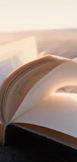 Open book with beach sunset backdrop.