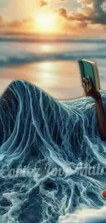 Woman reading on a beach with ocean waves as her dress at sunset.