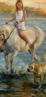 Girl on a white horse with a dog by the seaside at sunset.