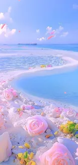 Serene beach scene with pink roses and blue ocean.