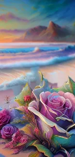 Serene beachscape with roses in pastel hues.