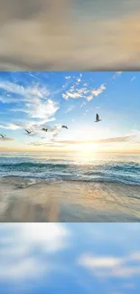 Serene beach scene with birds over ocean at sunset.