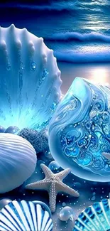 Seashells and ocean waves in blue beach wallpaper.