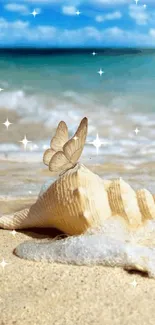 Seashell on sandy beach with ocean waves and clear blue sky.