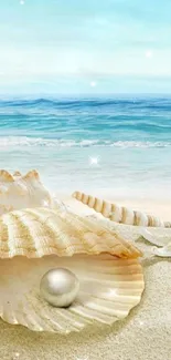 Beach-themed mobile wallpaper with seashells and a pearl on sandy shore.