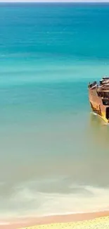 Shipwreck on turquoise beach with ocean waves.