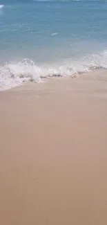 Tranquil seaside with soft sand and gentle ocean waves.