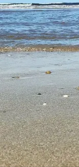 Beach shoreline with calm waves and sandy beach.