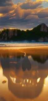 Beach scene with skull reflection at sunset on mobile wallpaper.