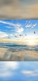 Serene beach sunrise with seagulls over ocean waves.