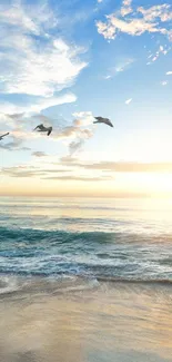 Serene seaside sunrise with waves and seagulls under a clear blue sky.