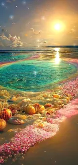 Colorful beach sunset with shells and ocean waves.