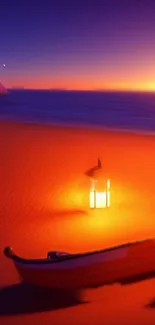 Serene beach at sunset with glowing orange light and gentle ocean backdrop.