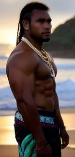 Muscular man on beach at sunset, wearing shell necklaces.