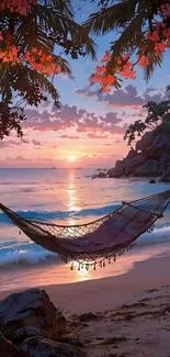 Hammock on beach during a purple sunset.