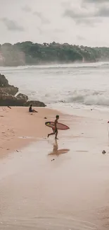 Surfer on a serene beach at sunset with waves and cliffs.