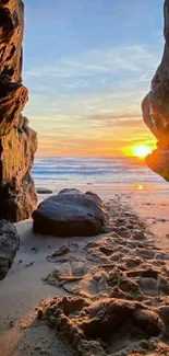 Scenic beach sunset view with rocks.