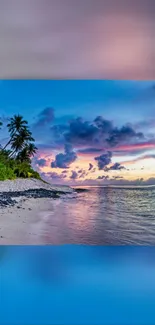 Tropical beach with palm trees at a vibrant sunset.