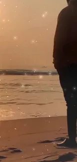 Person stands on beach at sunset, gazing at twilight stars.