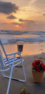 Beach chair and roses at sunset, serene ocean view.