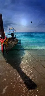 Traditional boat by the ocean at sunset with vibrant blue sky.