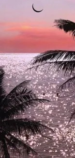 A serene beach sunset with palm silhouettes and a pink sky.